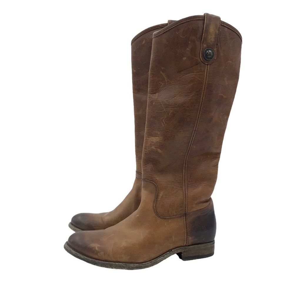 Frye Melissa Button Leather Tall Riding Boots Distressed Cognac Size 6.5 B heel